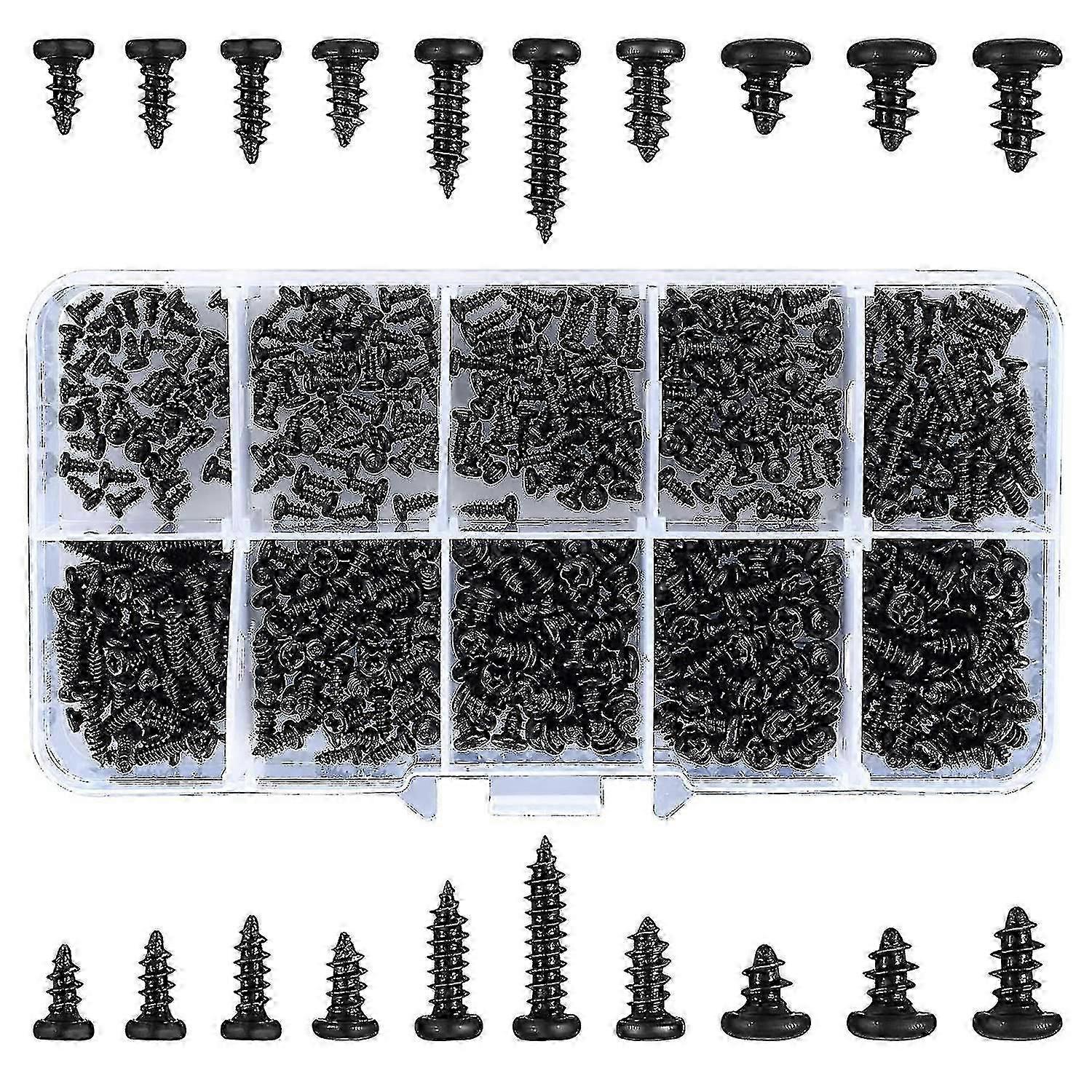 500 Pieces Self Tapping Screws, Phillips Head Self Drilling Screws, Black Round Head Wood Screws For Plastic Wood Metal - M2/m2.3/m2.6/m3