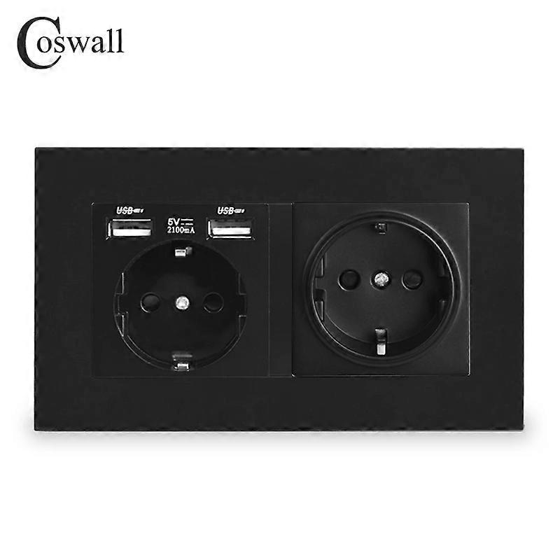 COSWALL EU Spain Russia Wall Socket Grounded USB Type A & Type-C Charge Port 2A Output Max. PC Panel Matte Black E20 Series