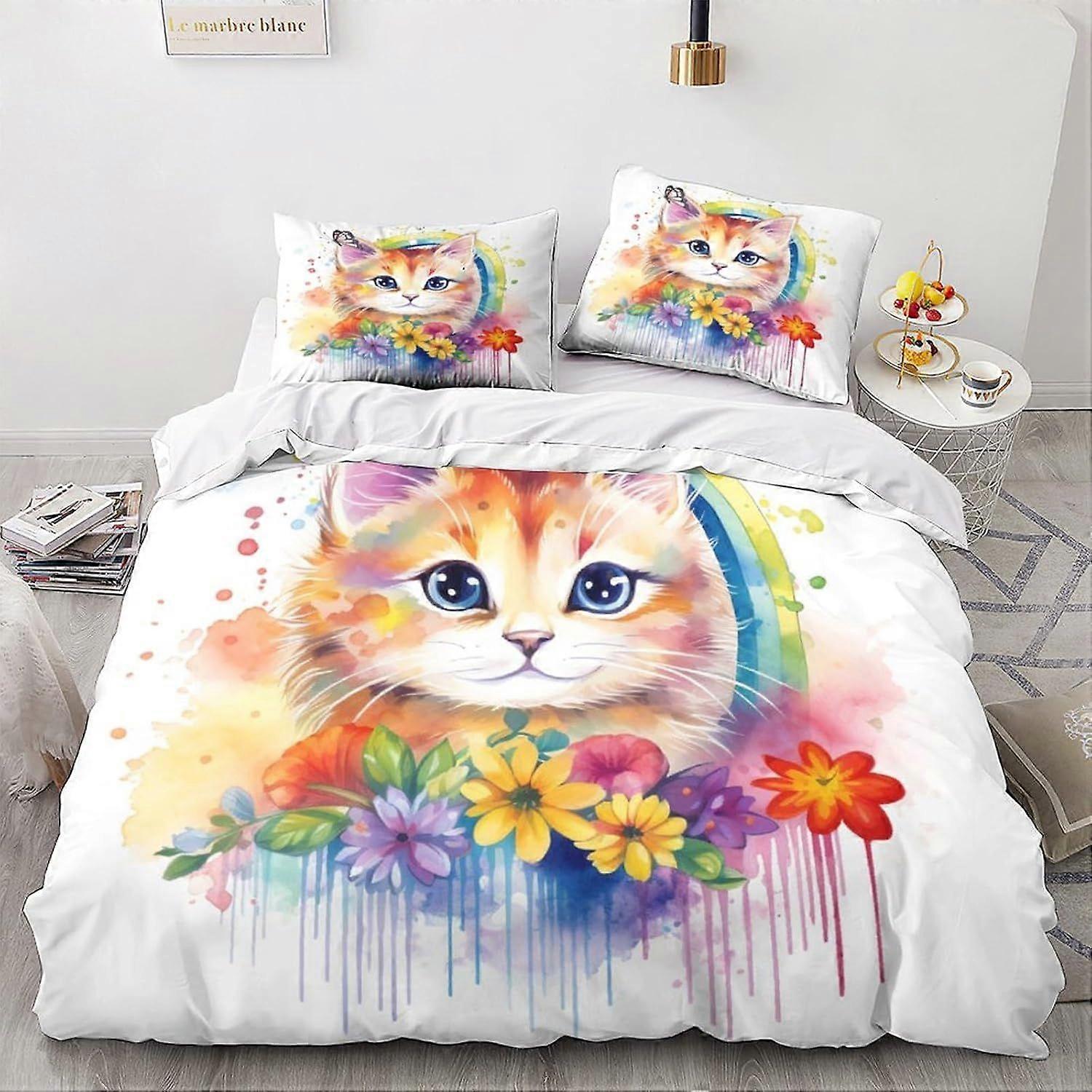 LikeEj Cat الفراش غطاء لحاف 3D لطيف كيتي طباعة غطاء لحاف للمراهقين ستوكات 3 قطع غطاء لحاف مزين مزدوج