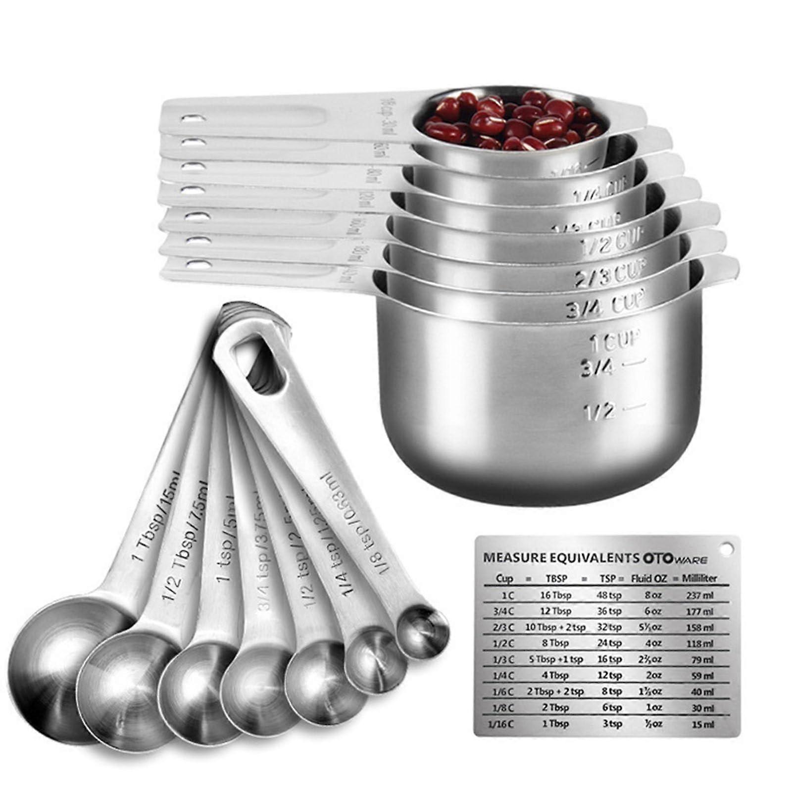 304 Stainless Steel 14 Piece Measuring Cups and Spoons Set, Stackable with Engraved Markings, Dishwasher Safe for Cooking and Baking