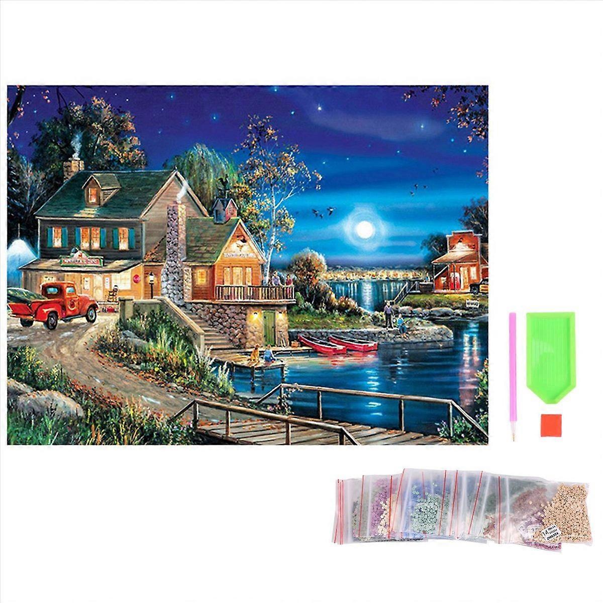 DIY 5D Landscape Lodge Full Drill Round Home Decor