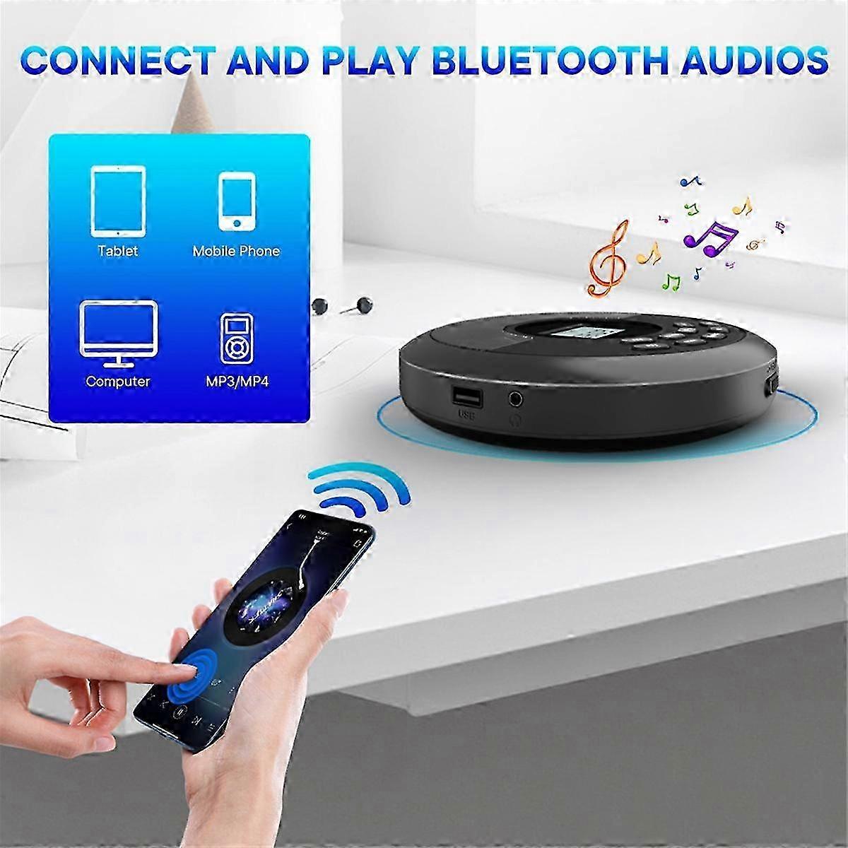 Portable Bluetooth CD Player Rechargeable Discman with Dual Speakers and Headphones Walkman Cd Player Mp3 Player Black