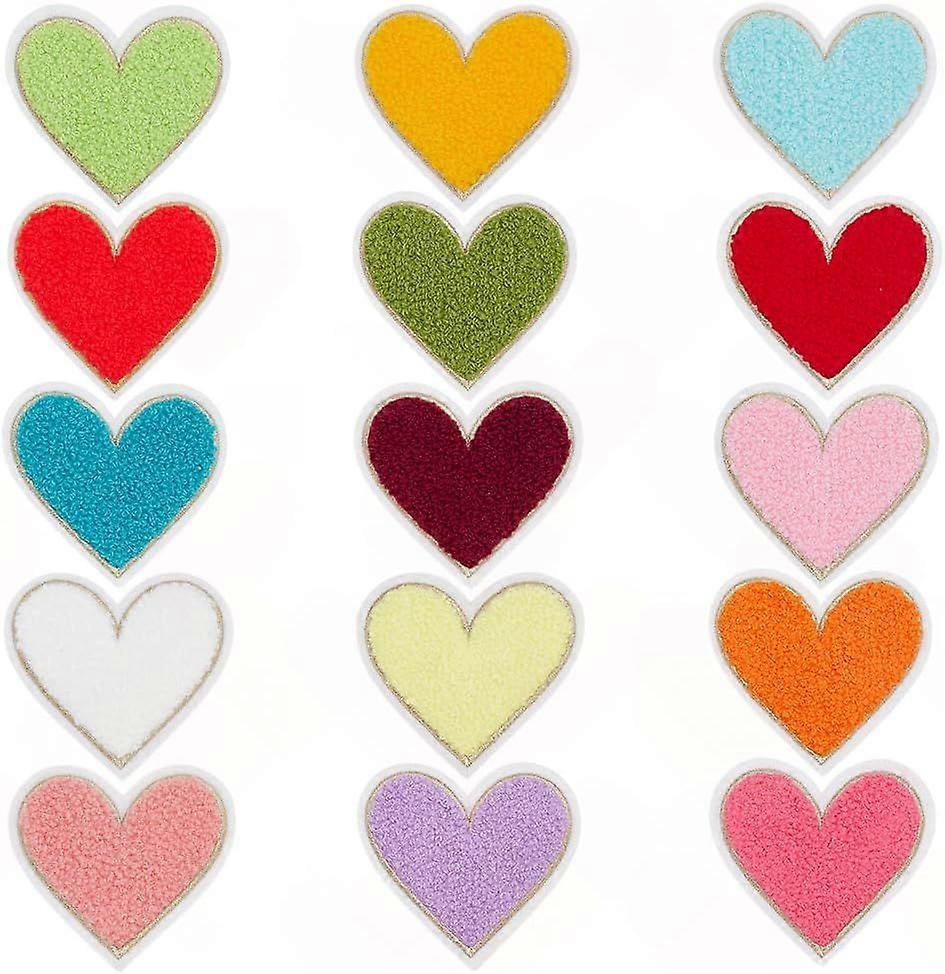 15Pcs Colorful Heart Patches Heart Chenille Patches Gold Edges Love Patches Sew on/Iron on Decorative Repair Patch for DIY Clothes Jeans Hats Backpack