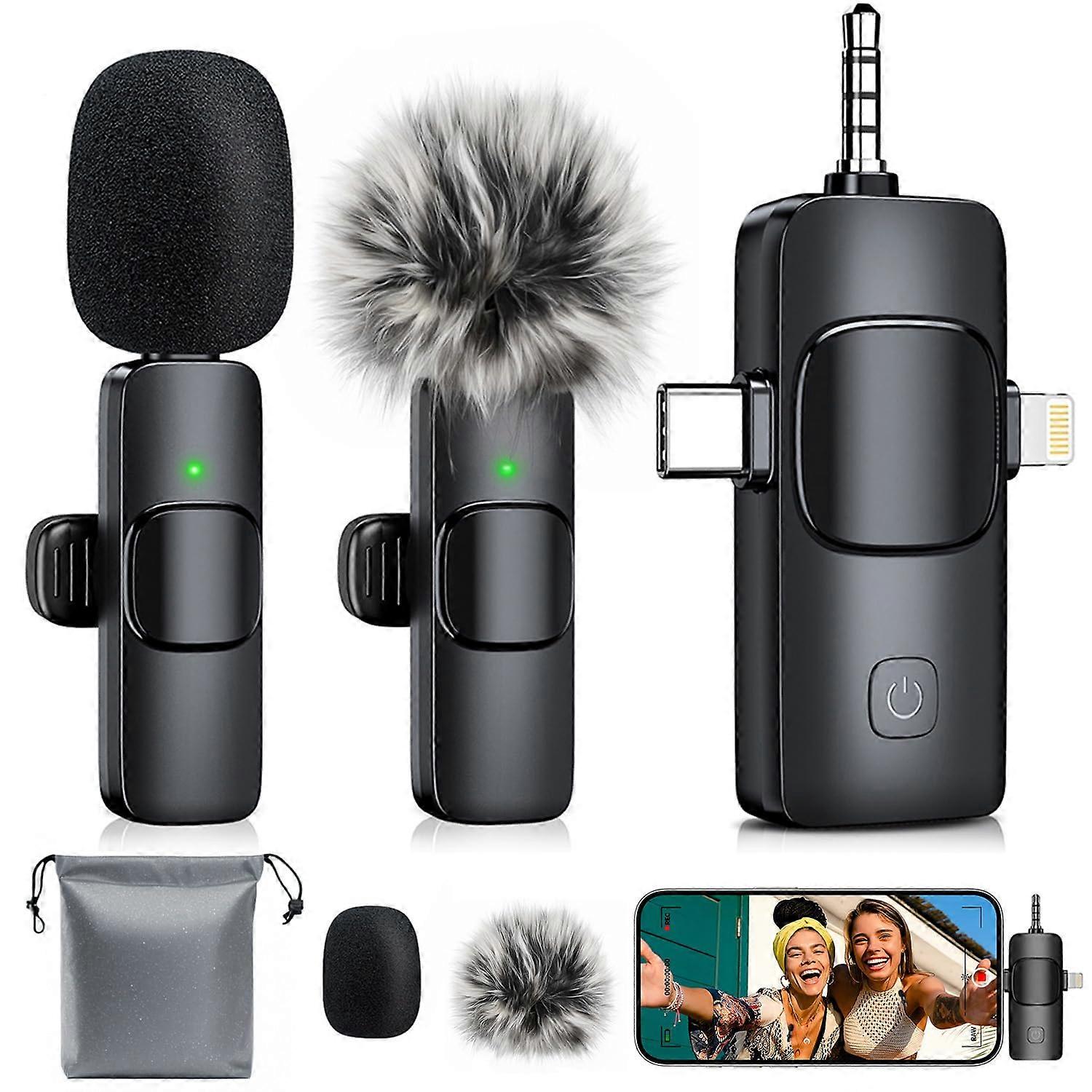 Wireless Lavalier Microphone with Noise Reduction, 3in1 Clipon Mic for iPhone Android Camera Live Streaming