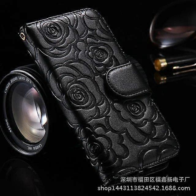 Case For Iphone 13 Mini Black Embossed Camellia Leather Rose No6639