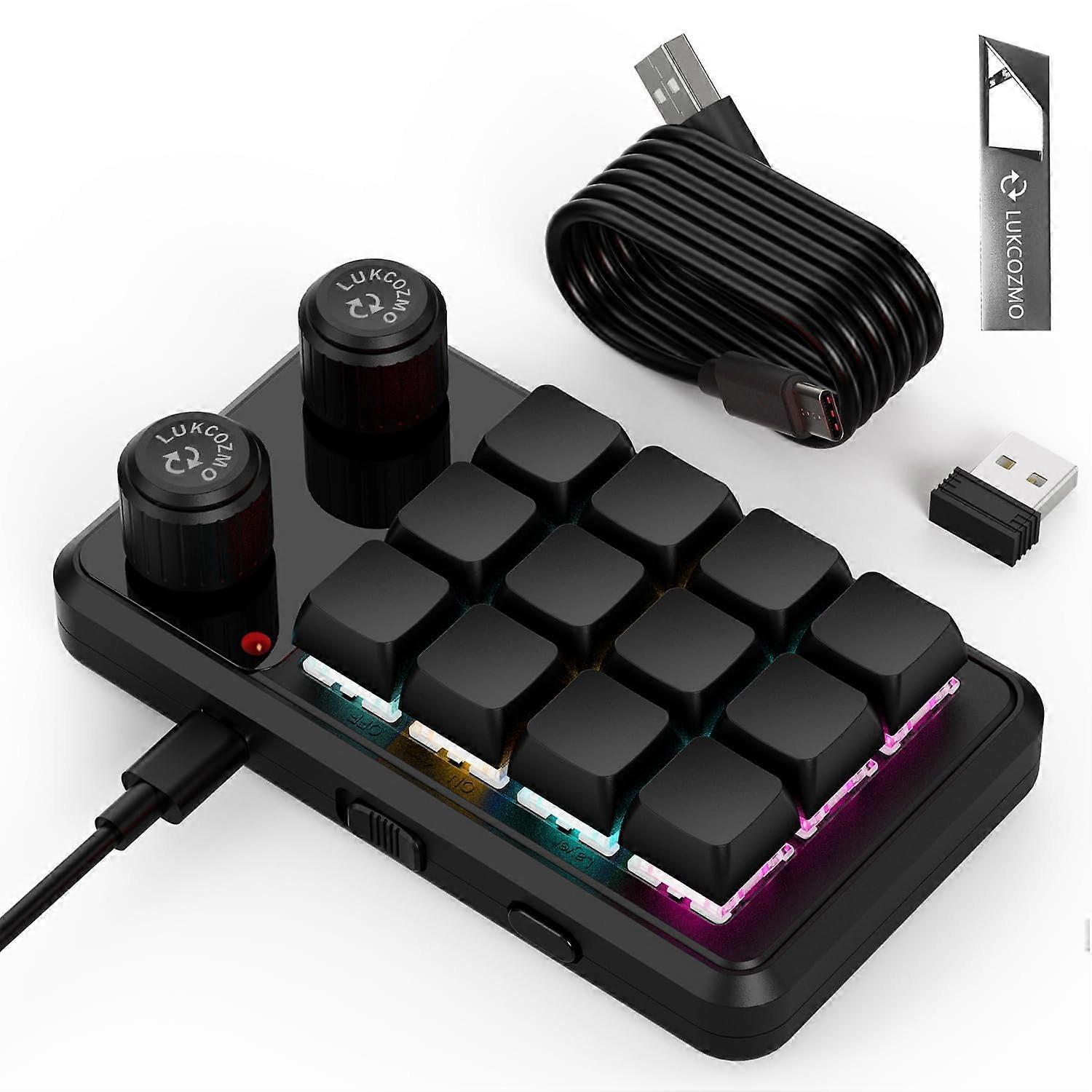 Macro Keyboard with 12 Programmable RGB Keys, Wireless OneHanded Mechanical Gaming Keypad with Knob, Black