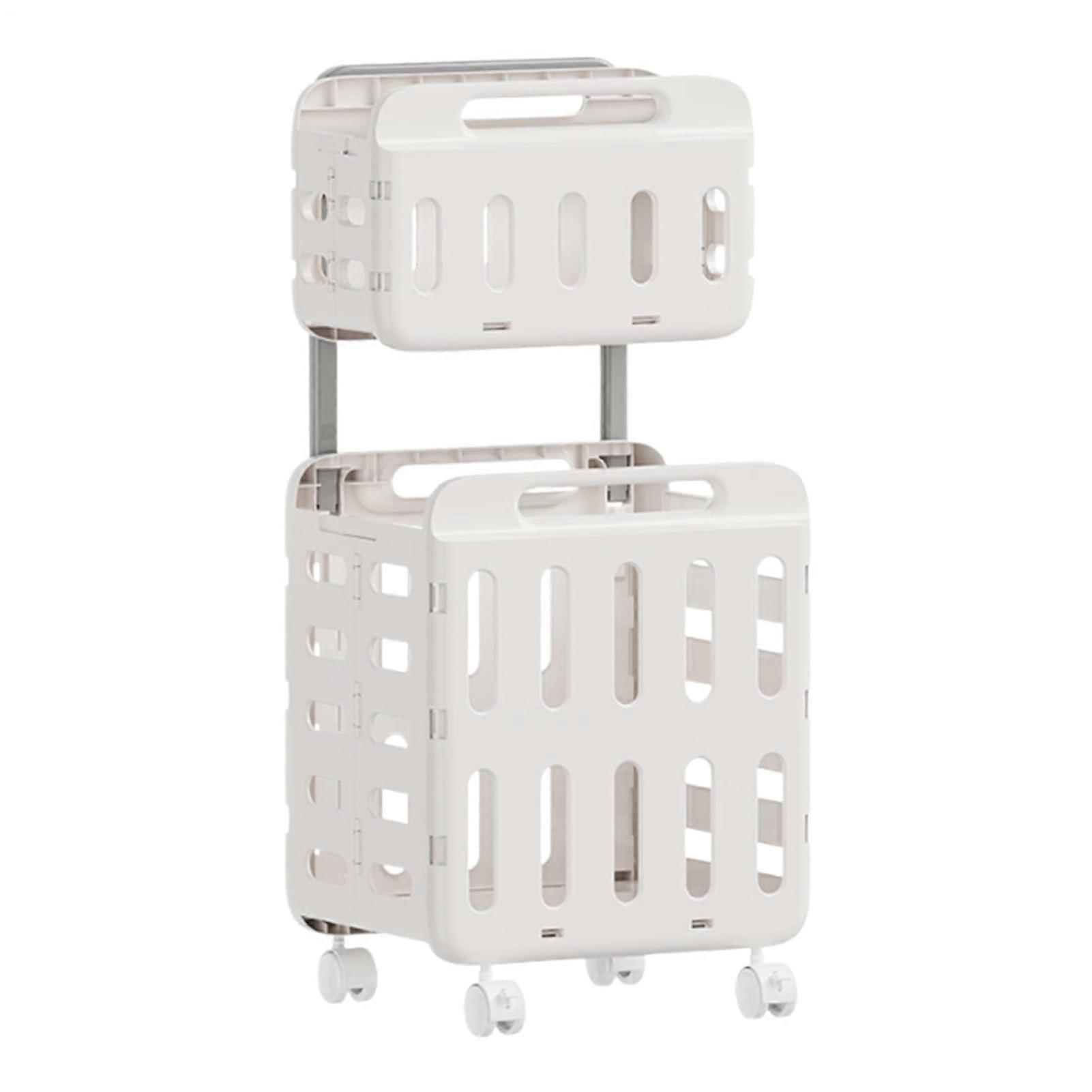Rolling Double Layer Laundry Hamper with Wheels, Foldable Basket for Dorm, Apartment, White