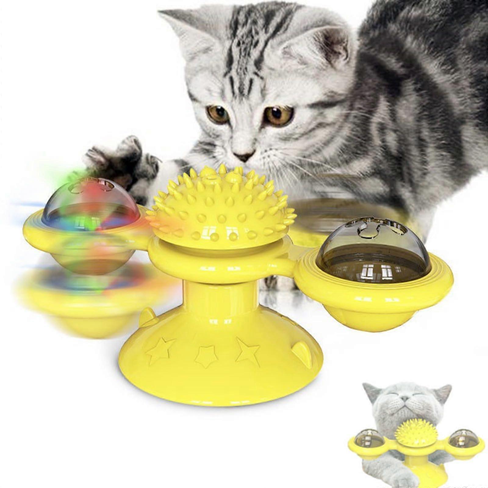 Interactive Cat Toy Windmill Spinner with LED Light, Wall Mounted TPR Design for Indoor Exercise, Yellow