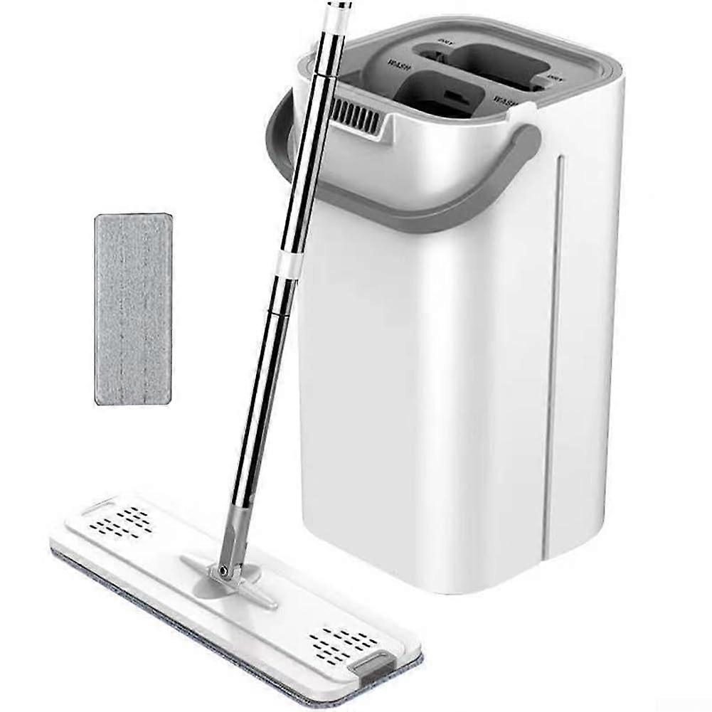 Hands Flat Mop and Bucket Set, Wet Dry SelfCleaning with Ergonomic Scraping Handle, Grey