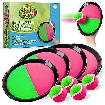 Gooi- en vangbalspelset - 4 rackets en plakballen. Leuk buitenspel voor kinderen, ideaal voor in de tuin, op het strand, in het park of op de camping. Cadeau voor jongens en meisjes vanaf 5 jaar.