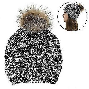 Frauen Valentinstag Hut Warm gestrickte Wolle dicke Mütze mit Pferdeschwanz Loch (schwarz