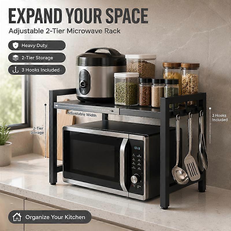 Black single-layer double bar with 6 hooks and extendable kitchen storage rack