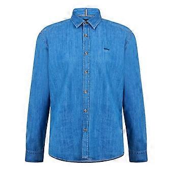 Boss Herrenhemd Liam aus Denim mit Stickerei und spitzem Kragen