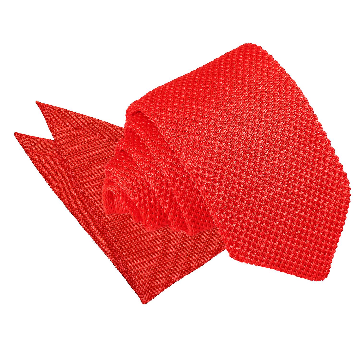Red Knitted Slim Tie and Pocket Square Set