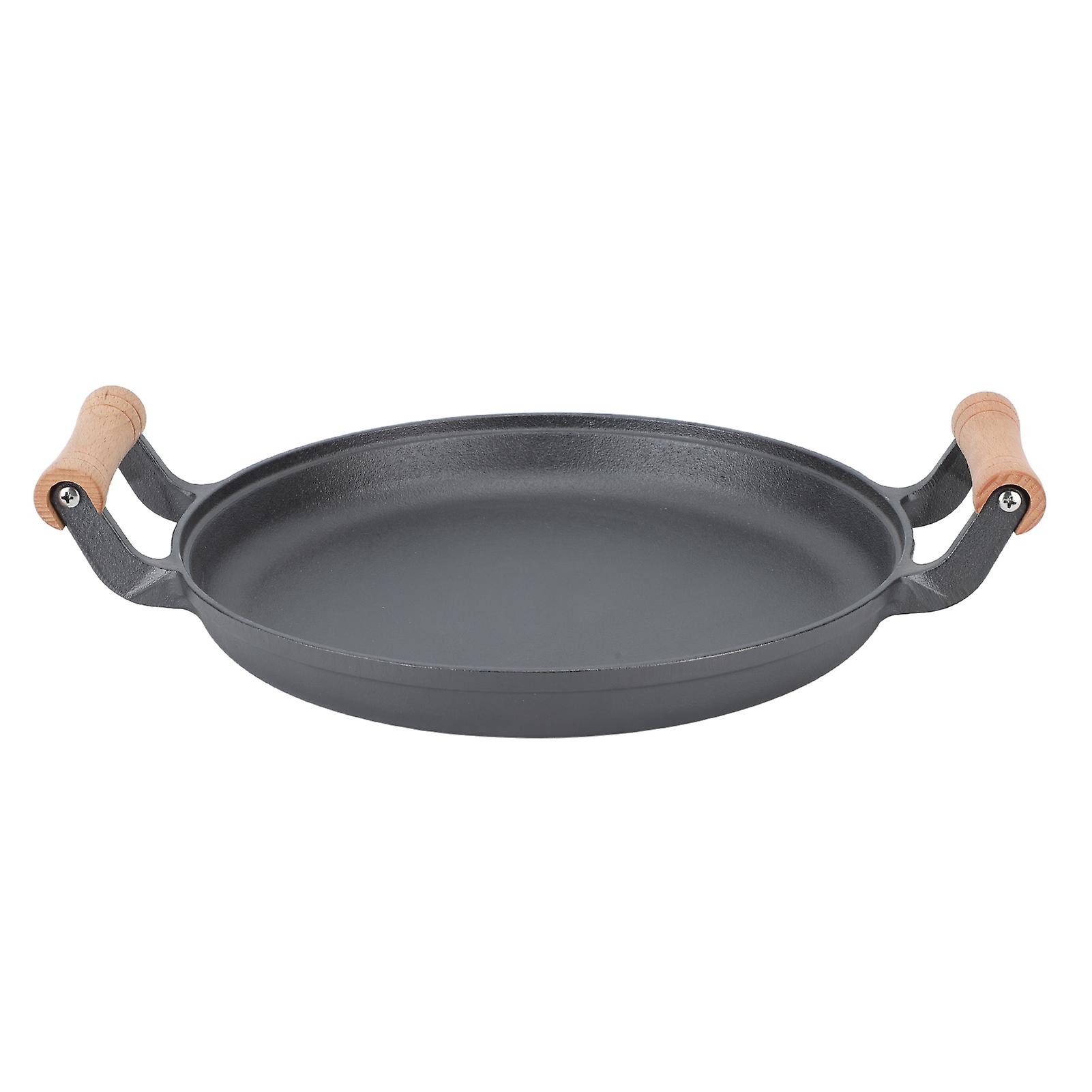 33cm Round Cast Iron Grill Pan with Wooden Handles for Steak and Meat Cooking