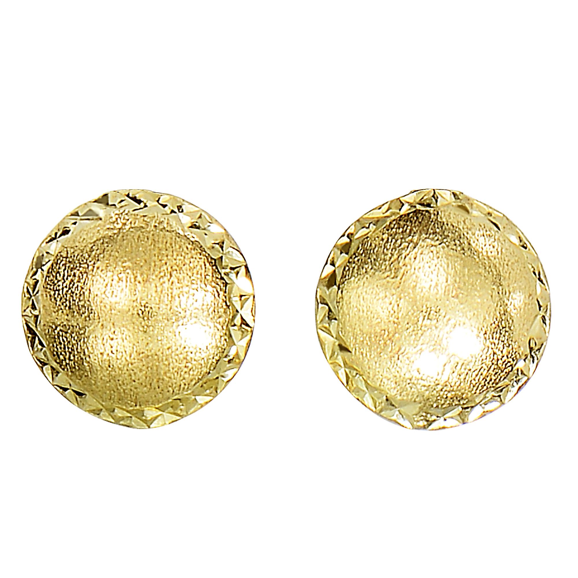 14k Yellow Gold Satin With Diamond Cut Edges Stud Earrings, 8mm