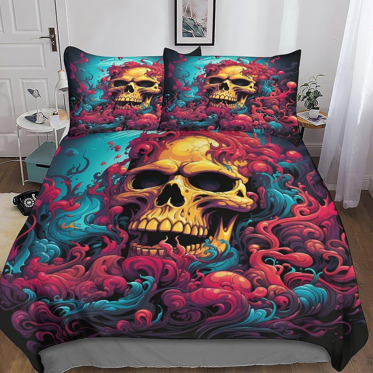 VCLUST Flowers Skull Duvet Cover Bedding Set,3D evil Skeleton Quilt Cover with Pillowcases, for Soft Microfiber Quilt Cover with Zipper Closure 3 Piec