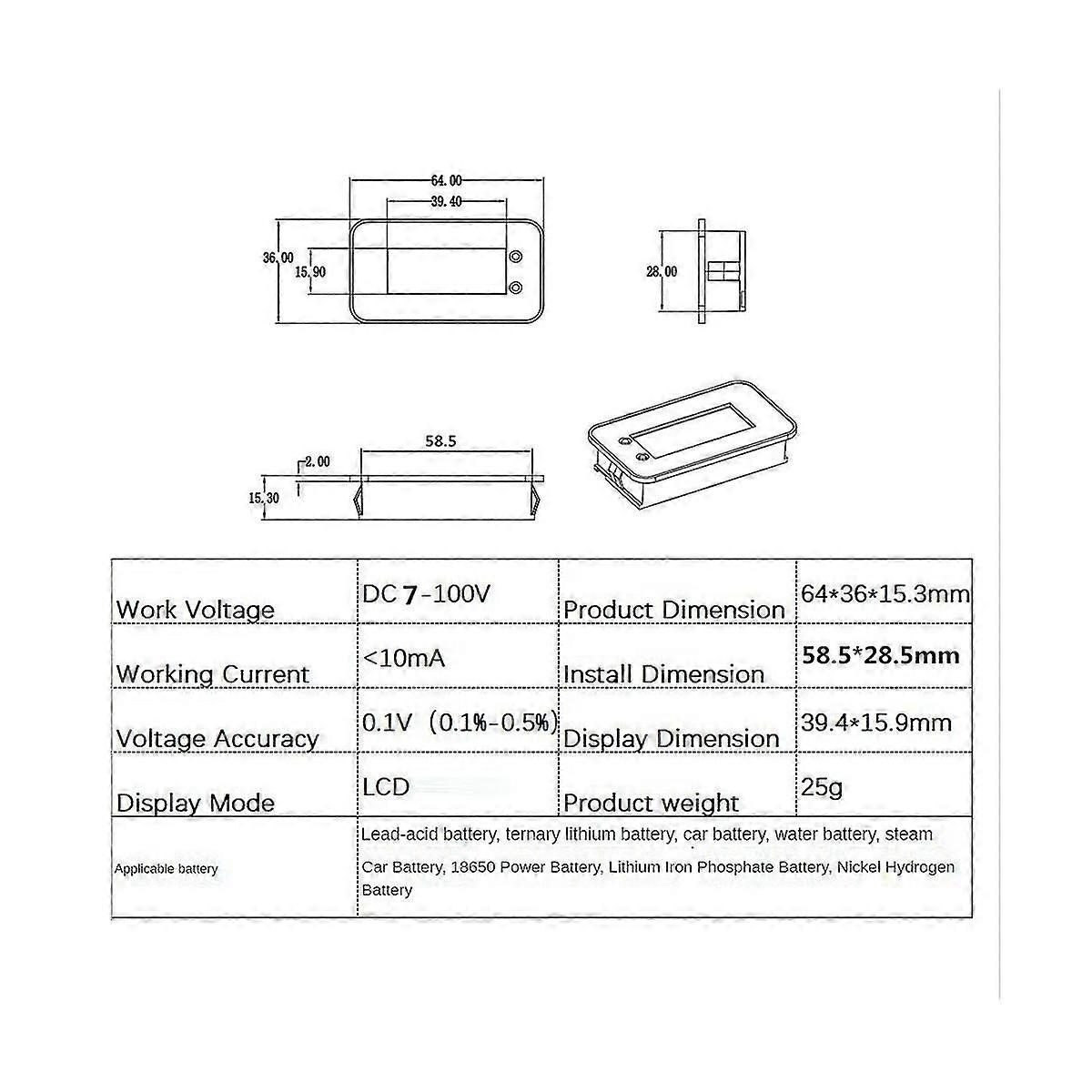 7-100v Digital Battery Capacity Tester Battery Monitor Voltage Temperature Switch Meter For Car Shi