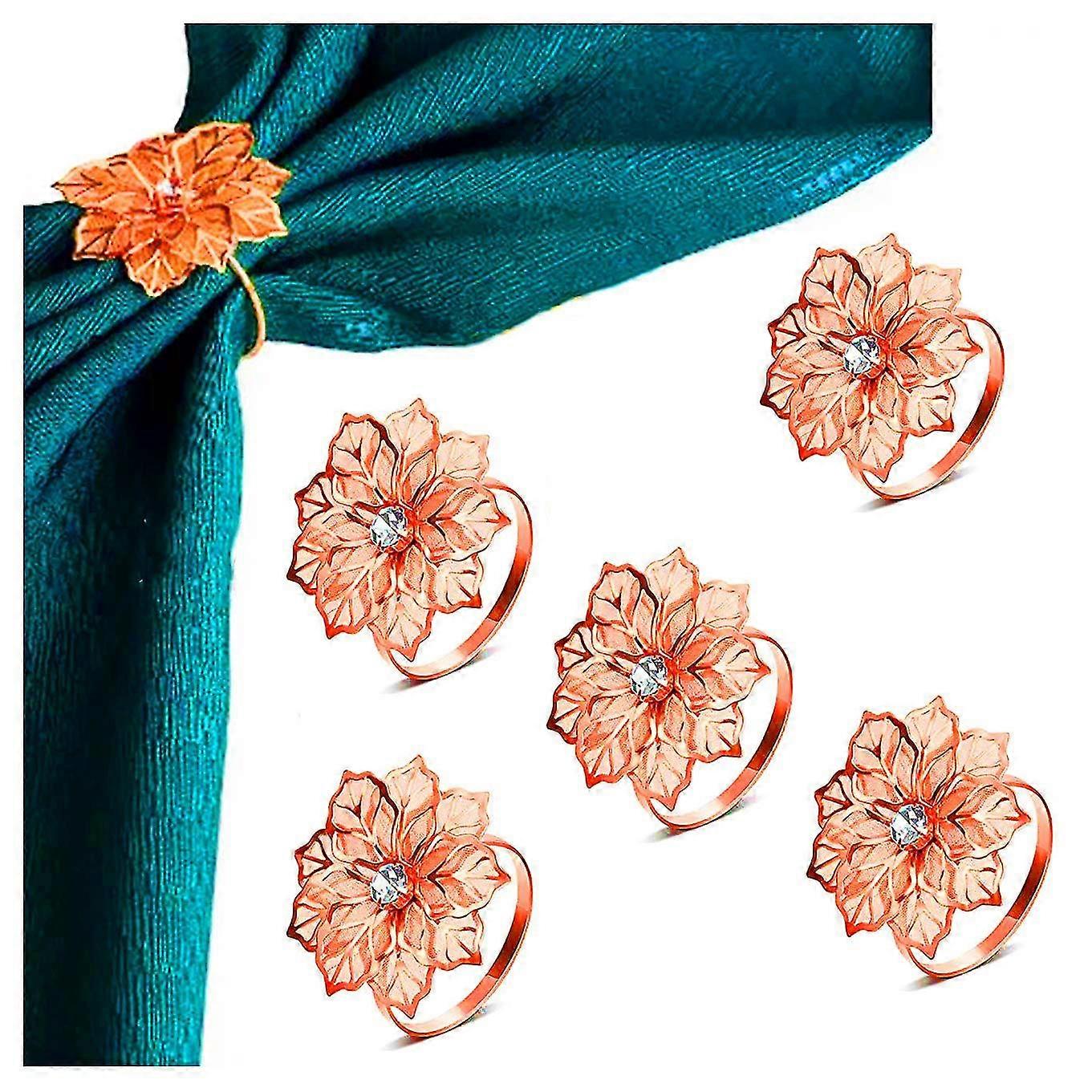 خاتم منديل ، 12 قطعة حامل مشبك منديل معدني لتزيين طاولة عشاء حفل الزفاف (ذهبي وردي زهرة)