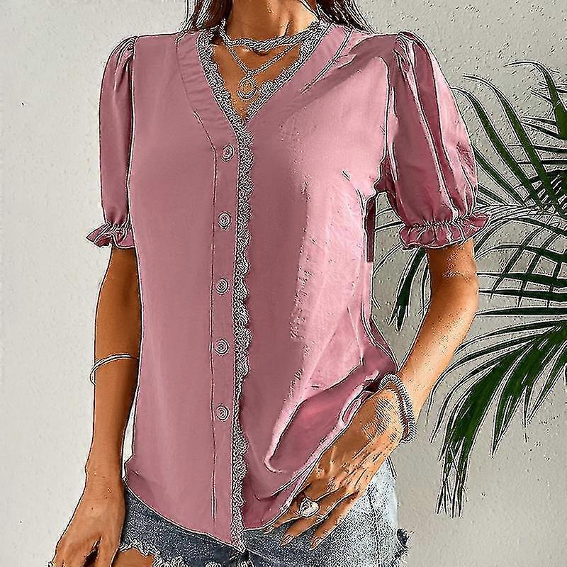 Women Buttons Tops Solid Color Beach Shirts Ruffled Elegant Travel Tunic Shirt