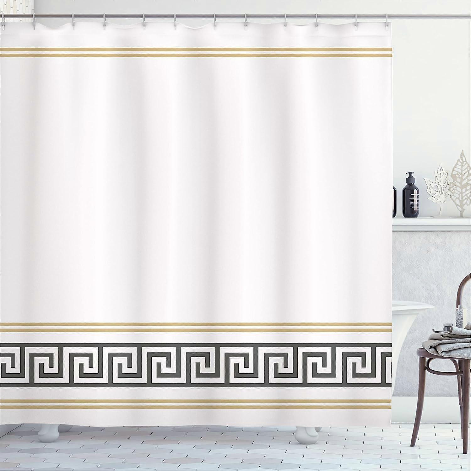 Abstract Shower Curtain, Simplistic Classic Greek Inspired Pattern in Monochrome Design, Cloth Fabric Bathroom Decor Set with Hooks,White and Ecru Sho