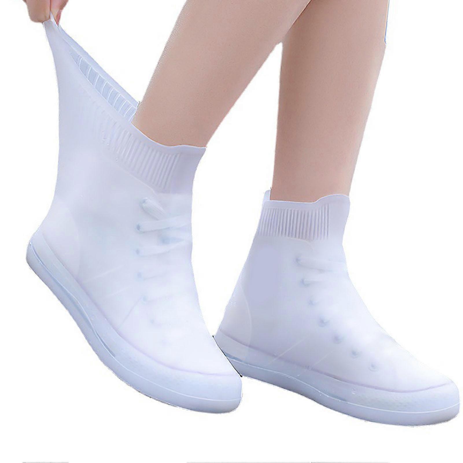 Waterproof Silicone Shoe Covers Reusable Overshoes Thickened White Mid Calf M (Sizes 34 to 36)