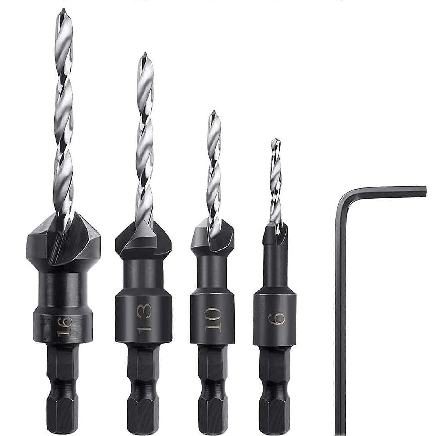 Walnut Countersinks, 4 Pieces Hexagonal Conical Countersink Drill Bits with a Small Wrench, Conical Wood Countersink Suitable for Wood or Plastic Pane