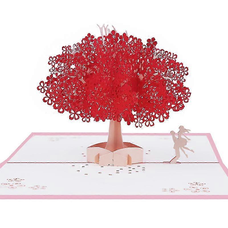3d Pop Up Card, Romantic Lovers Card With Couples Under Red Cherry Tree, Anniversary Card