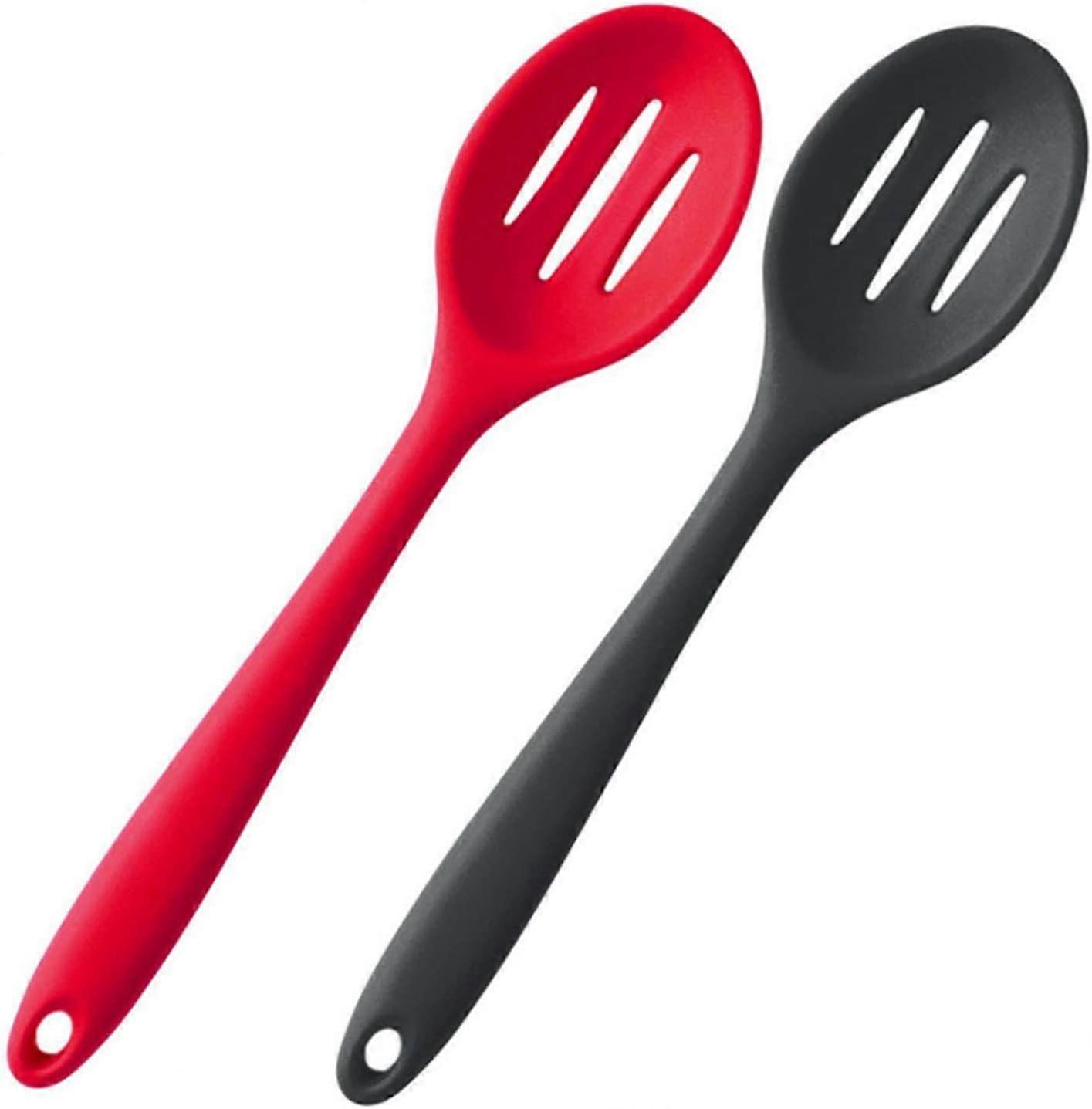 Silicone Nonstick Slotted Spoons Set 2,High Heat Resistant, Hygienic Design Cooking Baking Spoons Set for Cooking Stirring, Mixing and Serving,Red and