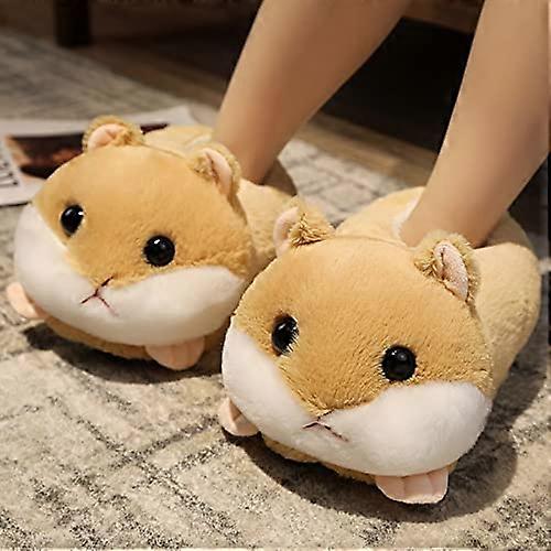 Rabbit/Hamster/Dog Shaped Plush Slippers, Creative Wrapping Fuzzy Warm Lined Winter Drag Shoes for Adults Indoors 35-41CM Yellow Hamster One Size