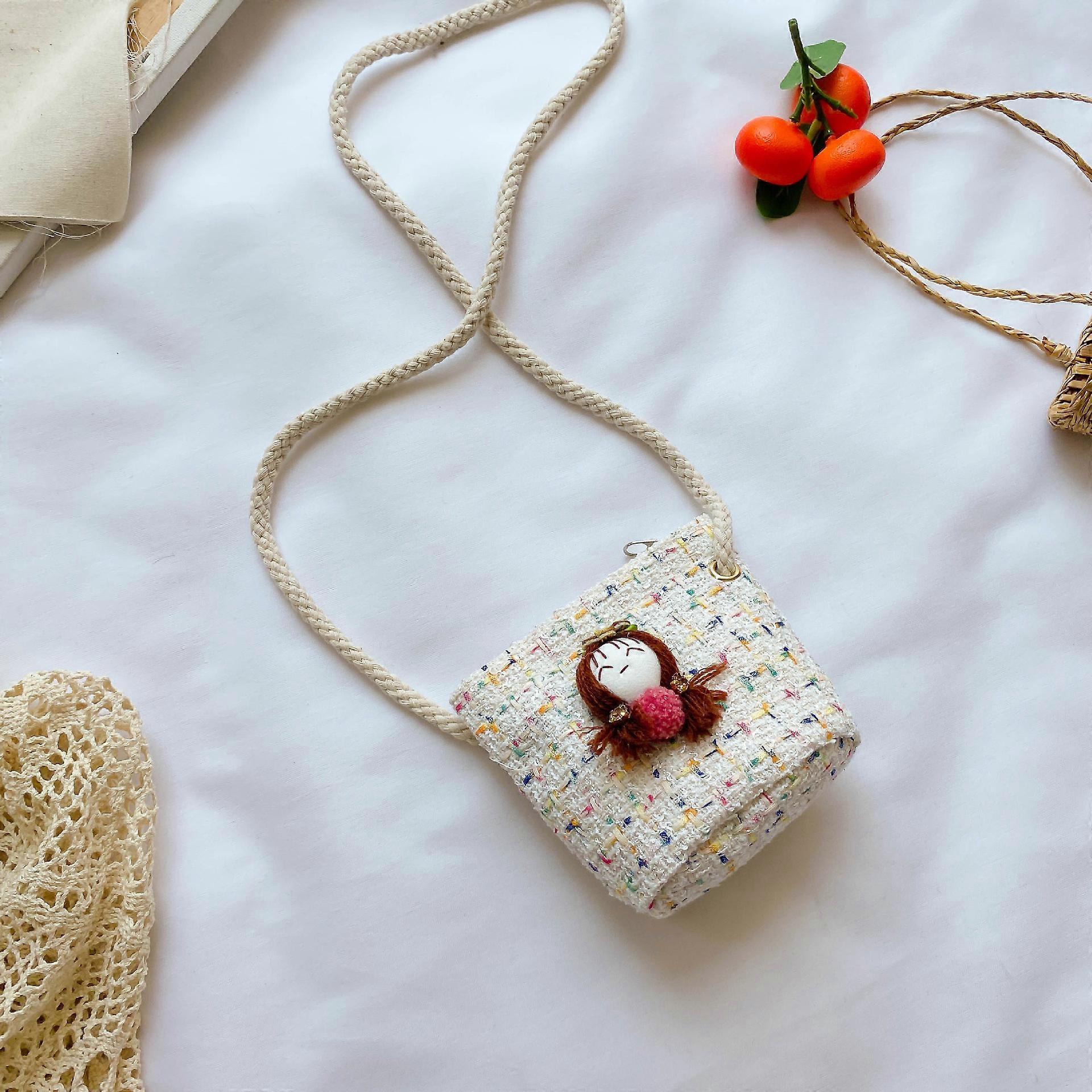 شنطة كتف منسوجة للأطفال، محفظة، لطيف الشكل 12*17 سم (أبيض + دمية)