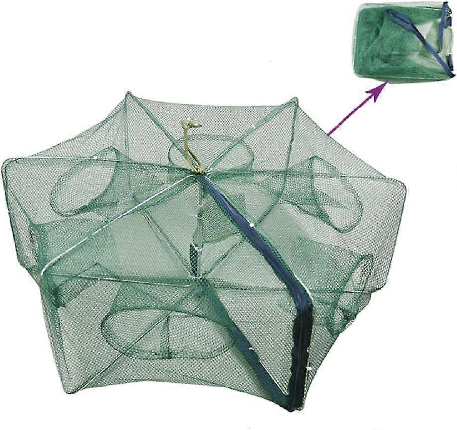 Portable Folded Fishing Net Fish Shrimp Crayfish Crab Baits Cast Mesh Trap Automatic, Easy Use Hexagon 6 Hole Cage