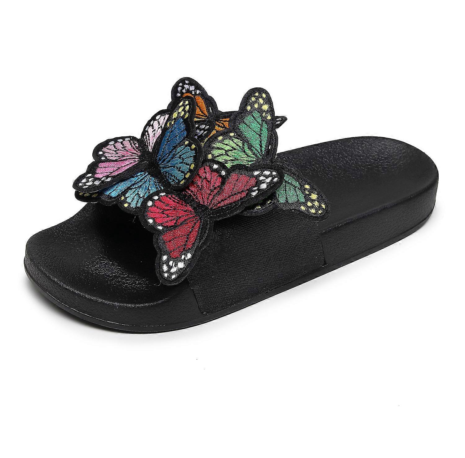 Summer Flat Slide Sandals For Womens Butterfly Platform Low Heel Comfy Nonslip Casual Beach Sandals