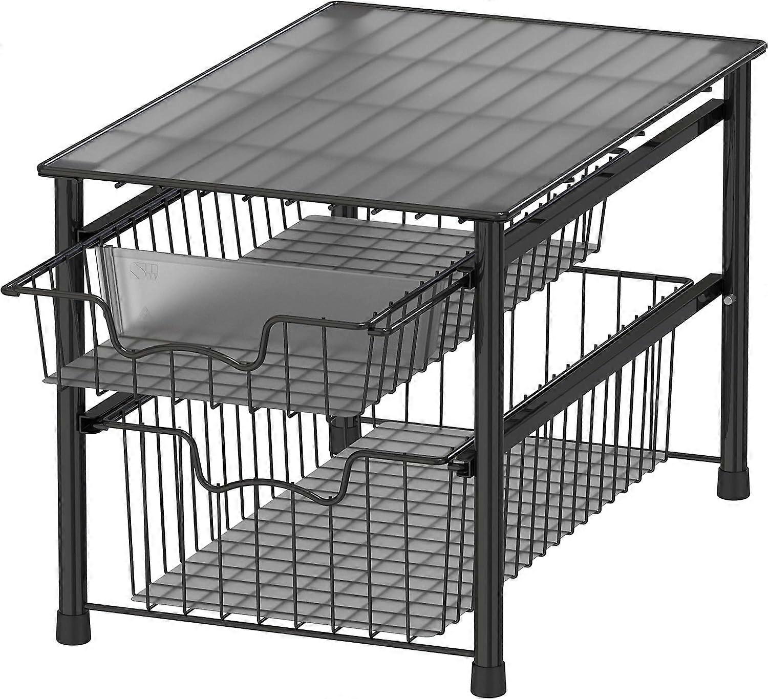 pleHouseware Stackable 3 Tier Sliding Basket Organizer Drawer, Black Black 2 Tier