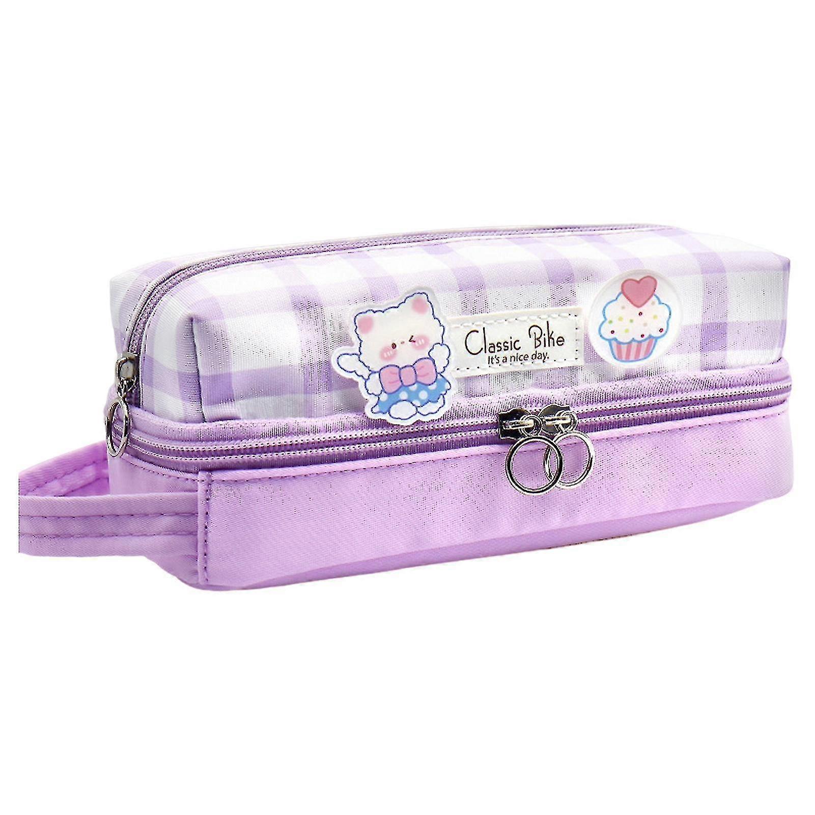 Pencil Case Large Capacity Double Layer Canvas College Style Bowknot Stationery Storage Pouch School Supplies