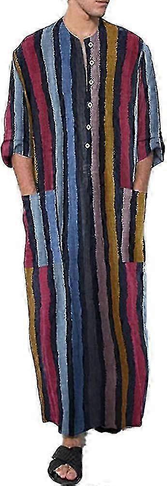 Men S Robe Cotton Pyjamas Long Sleeve Button V Collared Retro Striped Nightshirt Lounge Wear Size Small To VCNMR