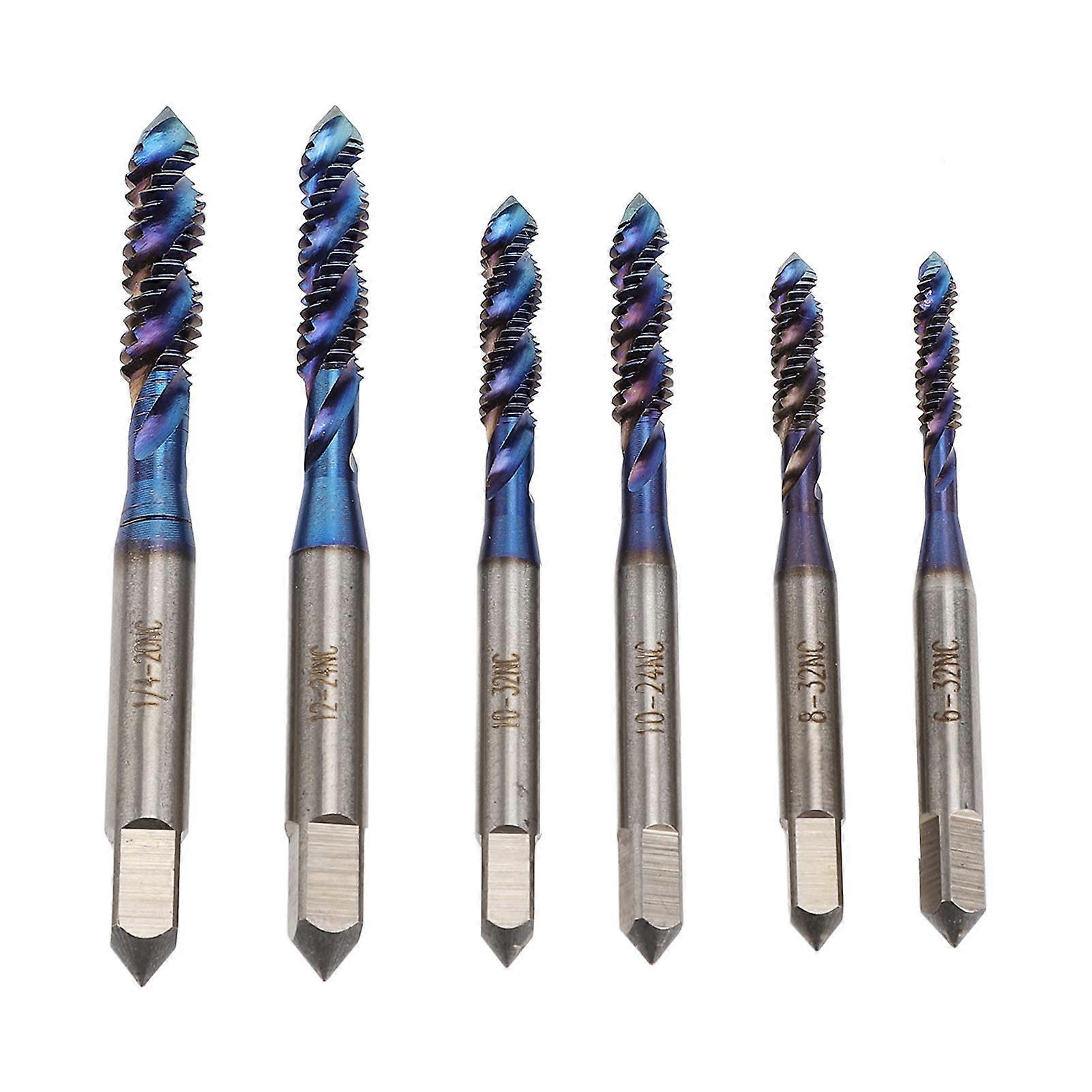 Set di punte da trapano per rubinetto filettato da 6 pezzi Rubinetto a macchina per foro per vite con scanalatura a spirale standard statunitense Nano rivestito in blu per gambo quadrato rotondo