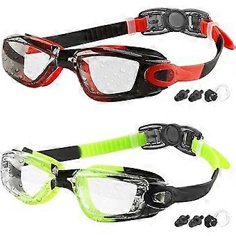 2er-Pack Kinder Schwimmbrille, für Kinder im Alter von 3-16 Jahren, Anti-Beschlag, wasserdicht, schwarz rot/klare Scheibe & schwarze grüne/klare Scheibe