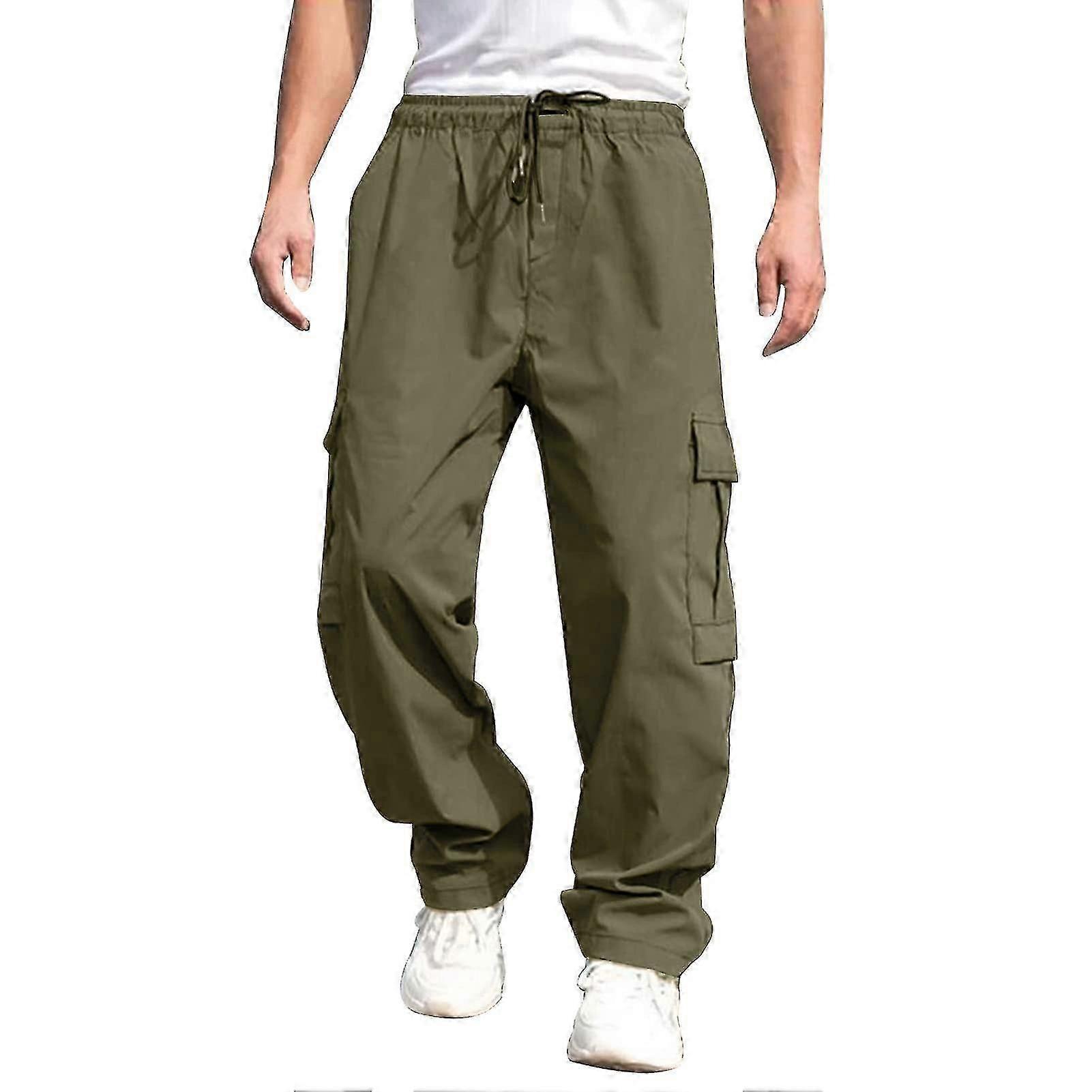 Men Cargo Pants Multi Pockets Drawstring Elastic Waist Solid Color Loose Wide Leg Straight Soft Streetwear Full Men