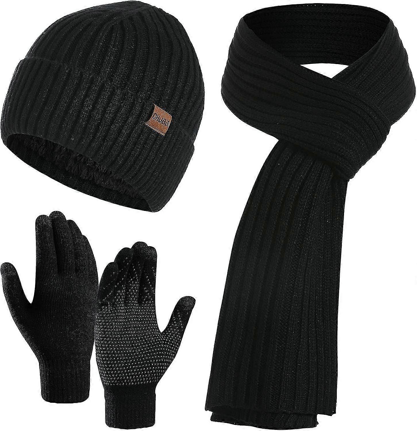 3 Pcs Hat Scarf And Gloves Sets Men Or Women Unisex Warm Knitted Beanie Hat With Fleece Lined Neck Scarf And Touchscreen Gloves 3-i