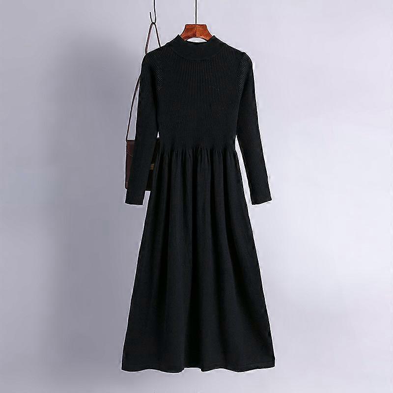 Women Spring Chic Solid Knitted Sweater Dress Full Sleeve Half High Collar Ladies Temperament Black Blue Khaki Apricot Fuchsia