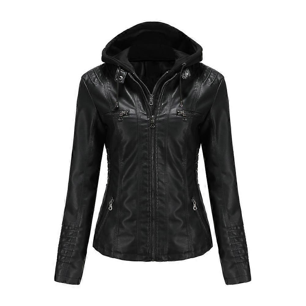 One-piece hooded leather jacket, removable leather jacket for women, spring and autumn jacket PU
