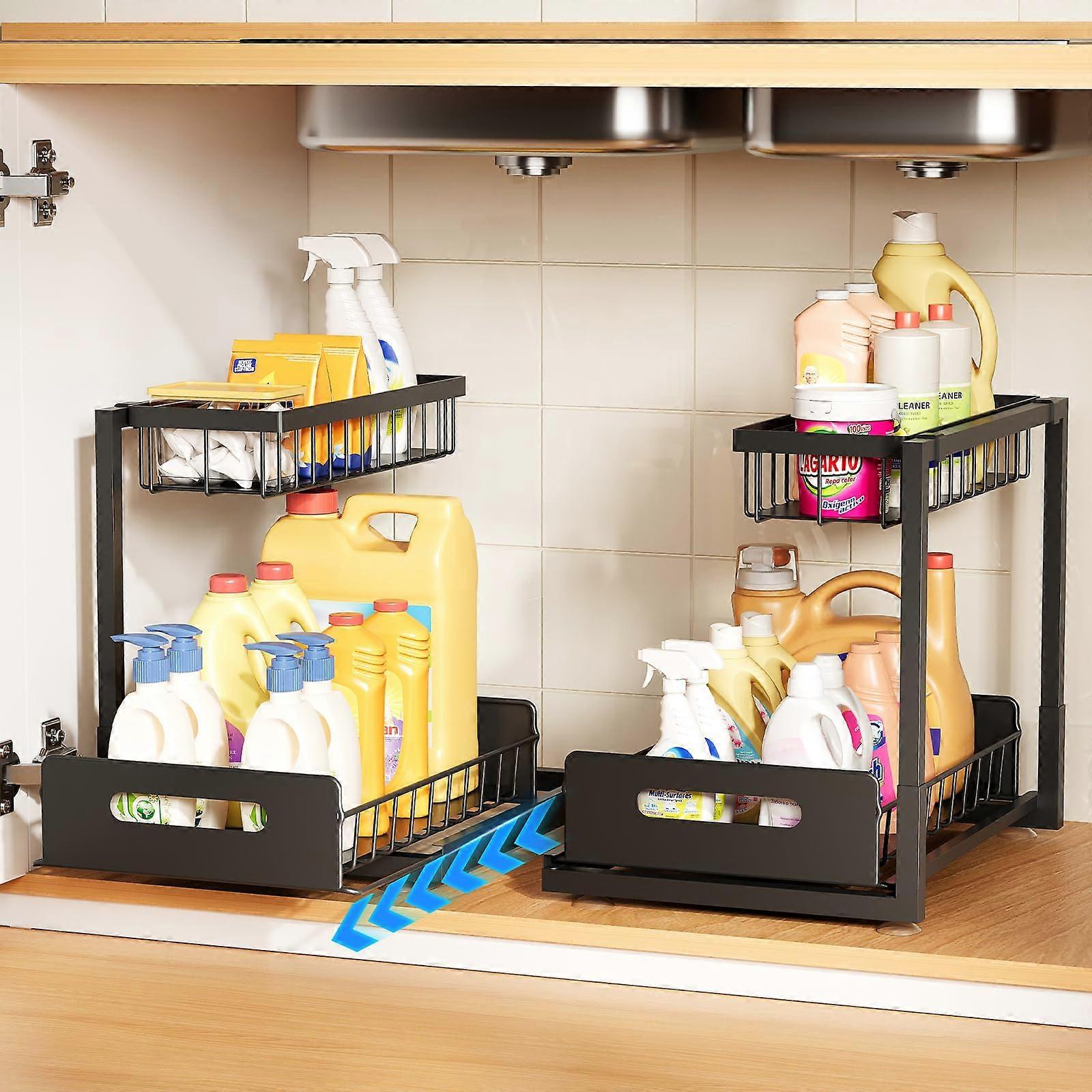 2 Pack Metal Under Sink Organizer for Kitchen Bathroom Storage, Adjustable Shelves, Rust-Resistant with Easy Installation