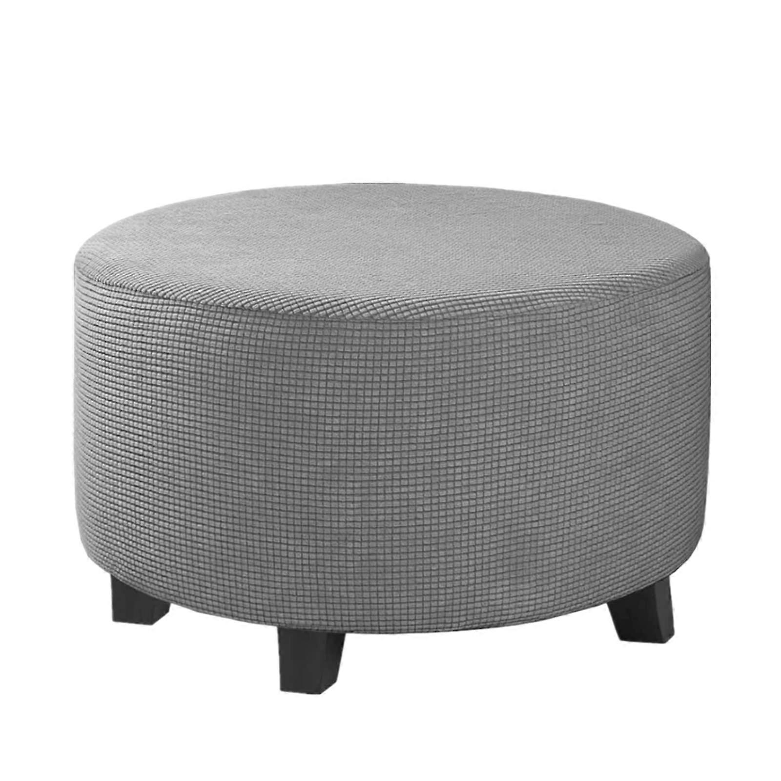 Stretch Plaid Ottoman Slipcovers for Round Ottomans, Removable Large Footstool Covers in Light Grey for Living Room Storage
