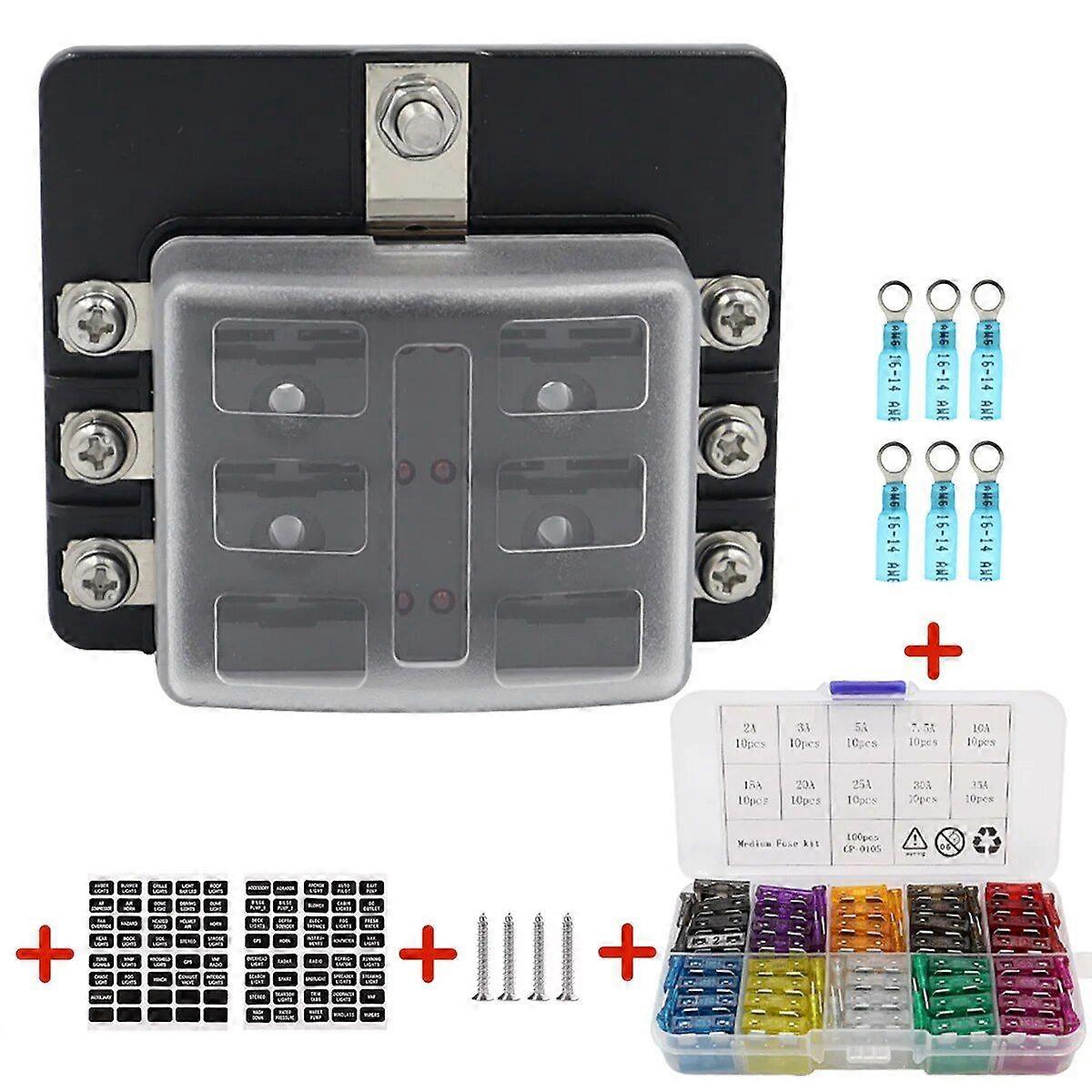 Blade Holder Fuse Box 12/10/8/6 Ways Modified Terminal Block Fuse with LED Warning Light 12V~24V Power Distribution Panel Boat
