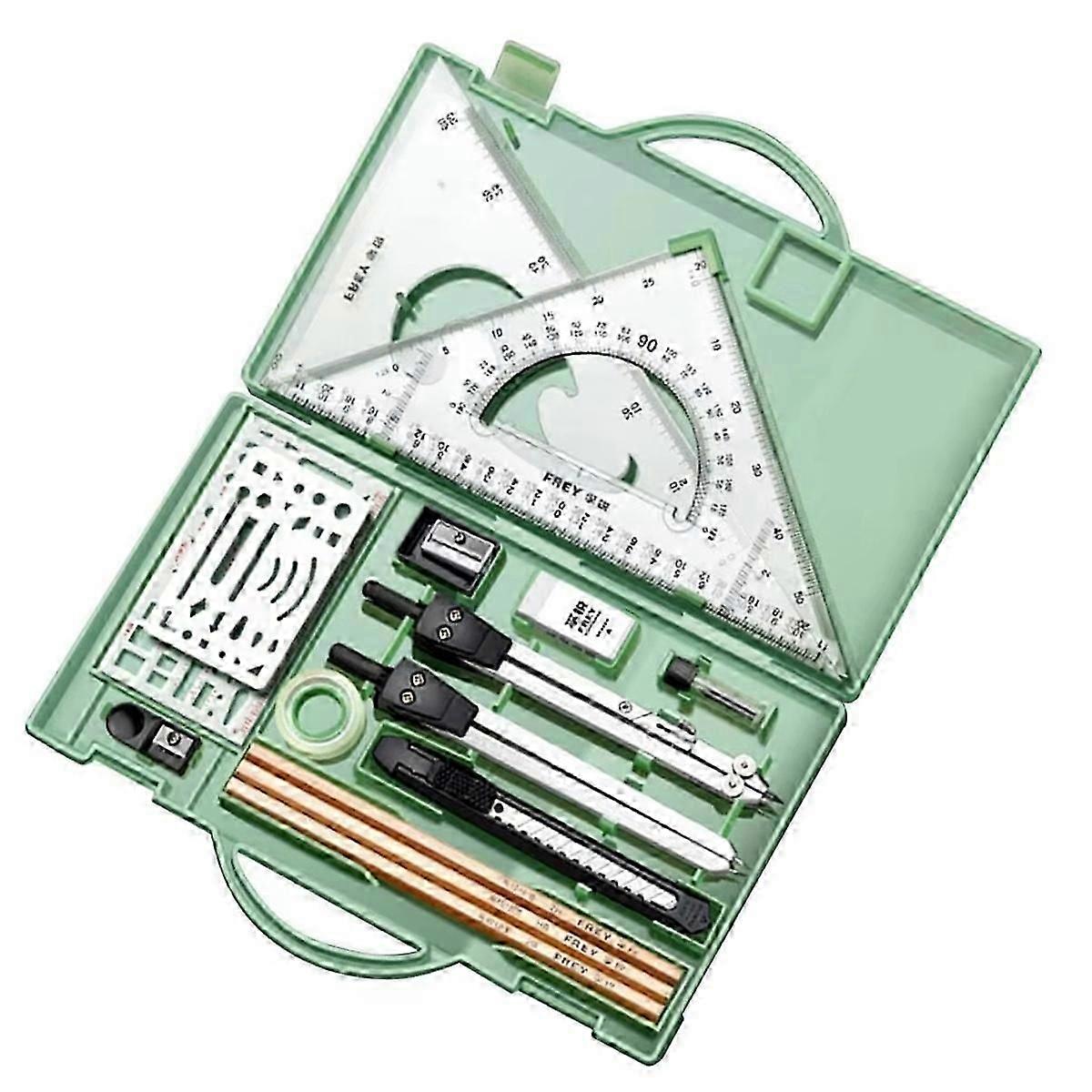 Drafting Kit Metal Rulers and Compasses Geometry Kit Triangle Ruler Compass Protractor Set Green