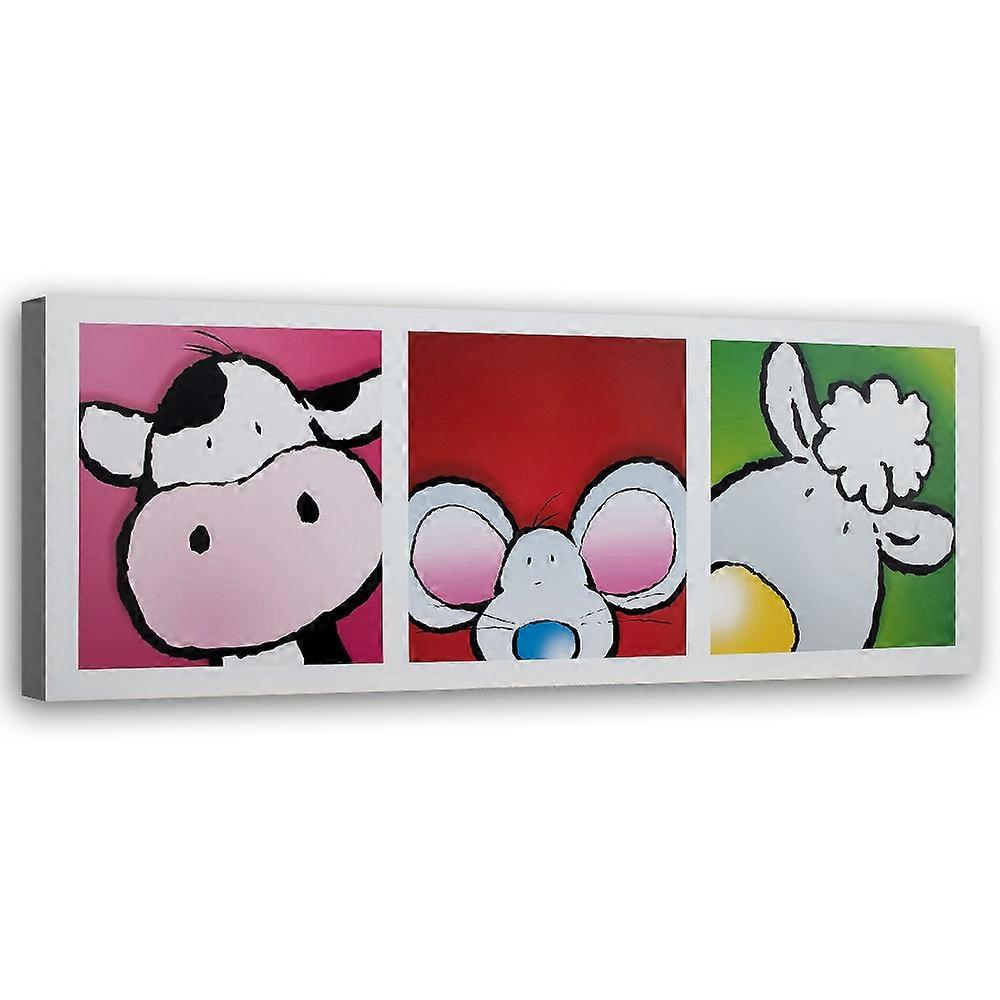 Lienzo, Vaca, ratón y oveja - 120x40