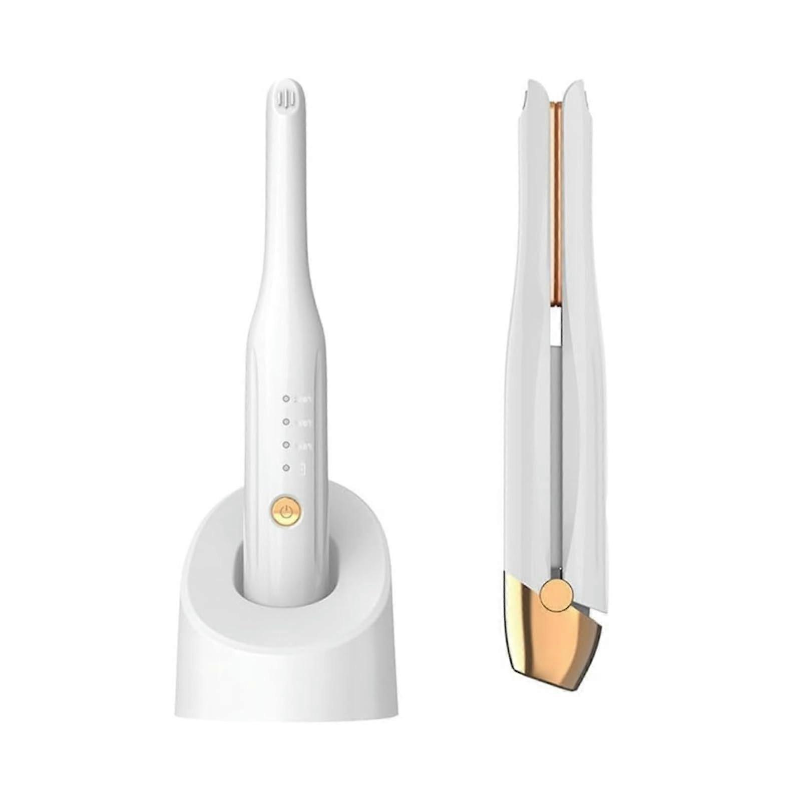 Mini Cordless Hair Straightener Portable Dual Purpose Curling Iron with 3 Temperature Settings and Auto Shut-Off in White