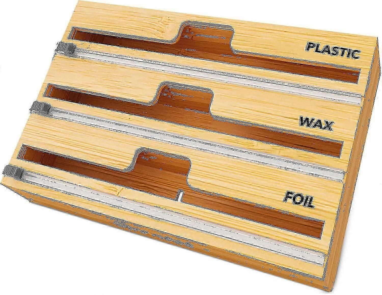 3 In 1 Wrap Organizer With Cutter And Labels, Plastic Wrap, Aluminum Foil And Wax Bamboo Dispenser (natural)