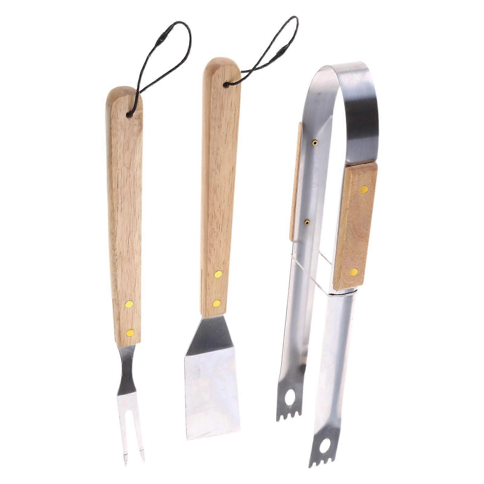 BBQ Tool Set stainless steel grill utensils with wooden handle Camping grill spatula fork tongs Easy to use Ref: 9580